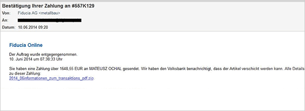 Phishing-Mail Bestätigung Ihrer Zahlung Ansicht der Phishing-Mail - Bestätigung Ihrer Zahlung