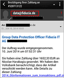 Phishing-Mail Bestätigung Ihrer Zahlung Ansicht der Phishing-Mail - Bestätigung Ihrer Zahlung